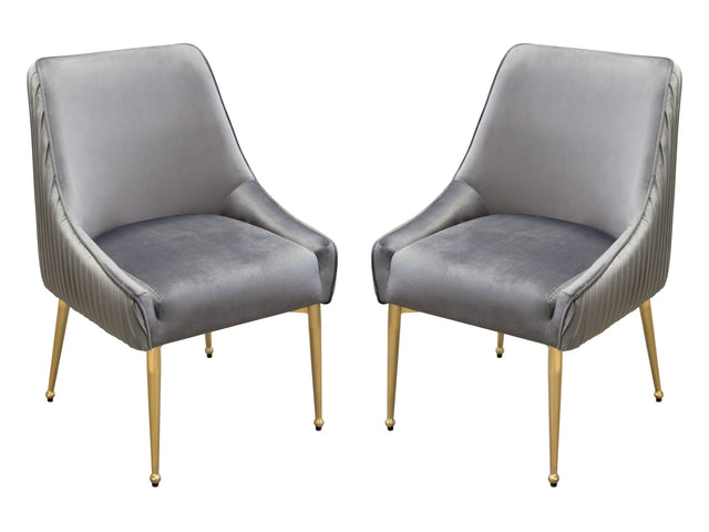 Set of (2) Quinn Dining Chairs w/ Vertical Outside Pleat Detail and Contoured Arm in Grey Velvet w/ Brushed Gold Metal Leg by Diamond Sofa - Ornate Home