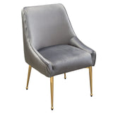 Set of (2) Quinn Dining Chairs w/ Vertical Outside Pleat Detail and Contoured Arm in Grey Velvet w/ Brushed Gold Metal Leg by Diamond Sofa - Ornate Home