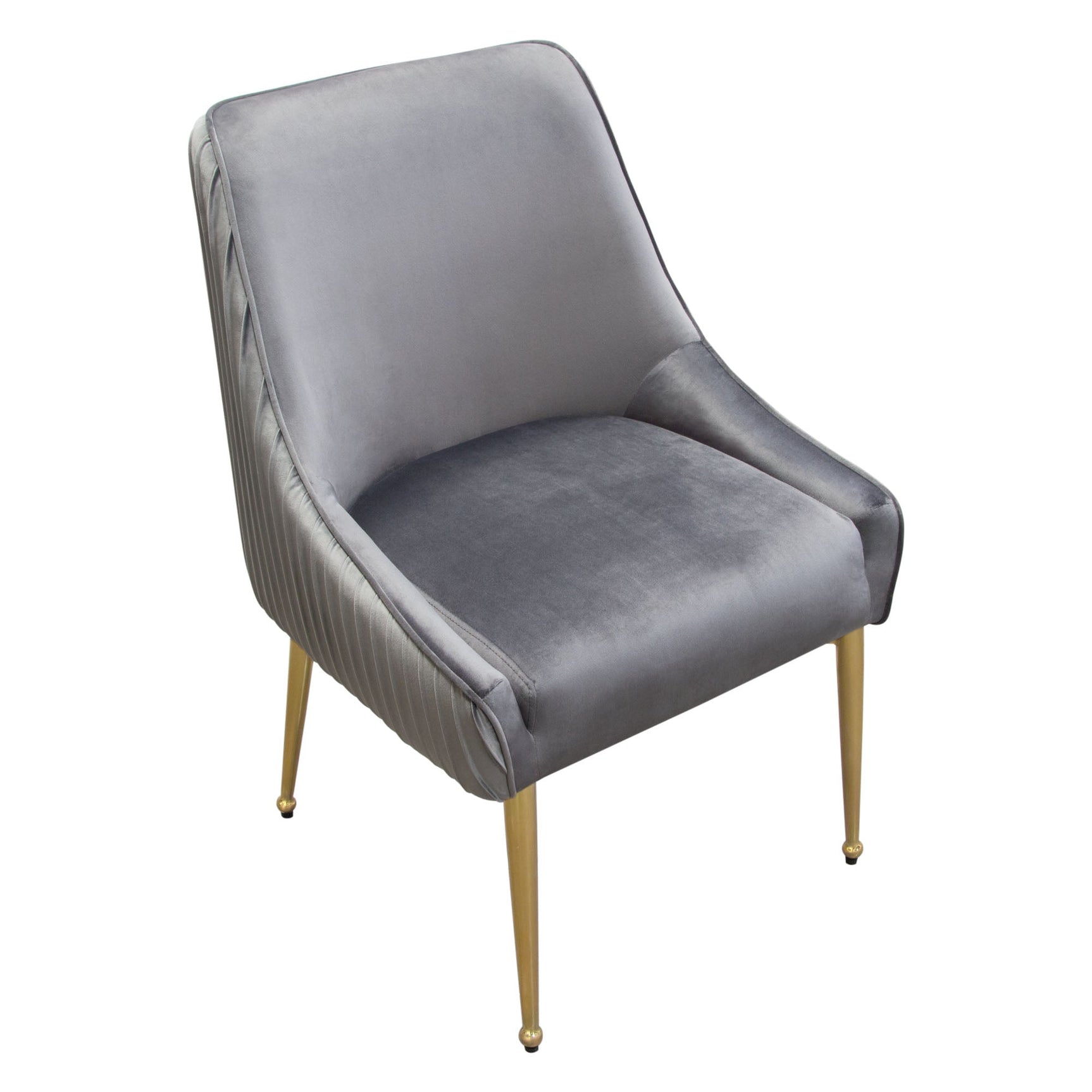 Set of (2) Quinn Dining Chairs w/ Vertical Outside Pleat Detail and Contoured Arm in Grey Velvet w/ Brushed Gold Metal Leg by Diamond Sofa - Ornate Home