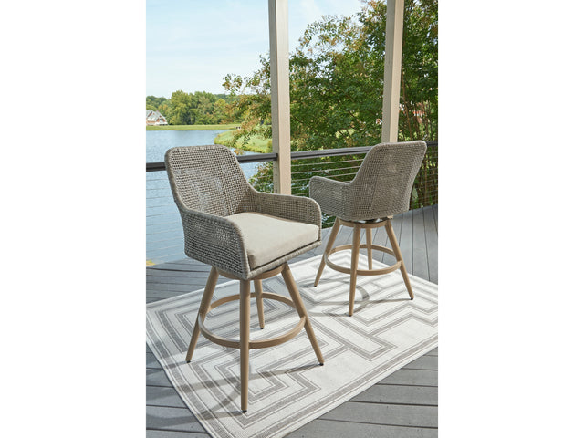 Seton Creek Beige/Gray Outdoor Bar Height Barstool with Cushion (Set of 2) - Ornate Home