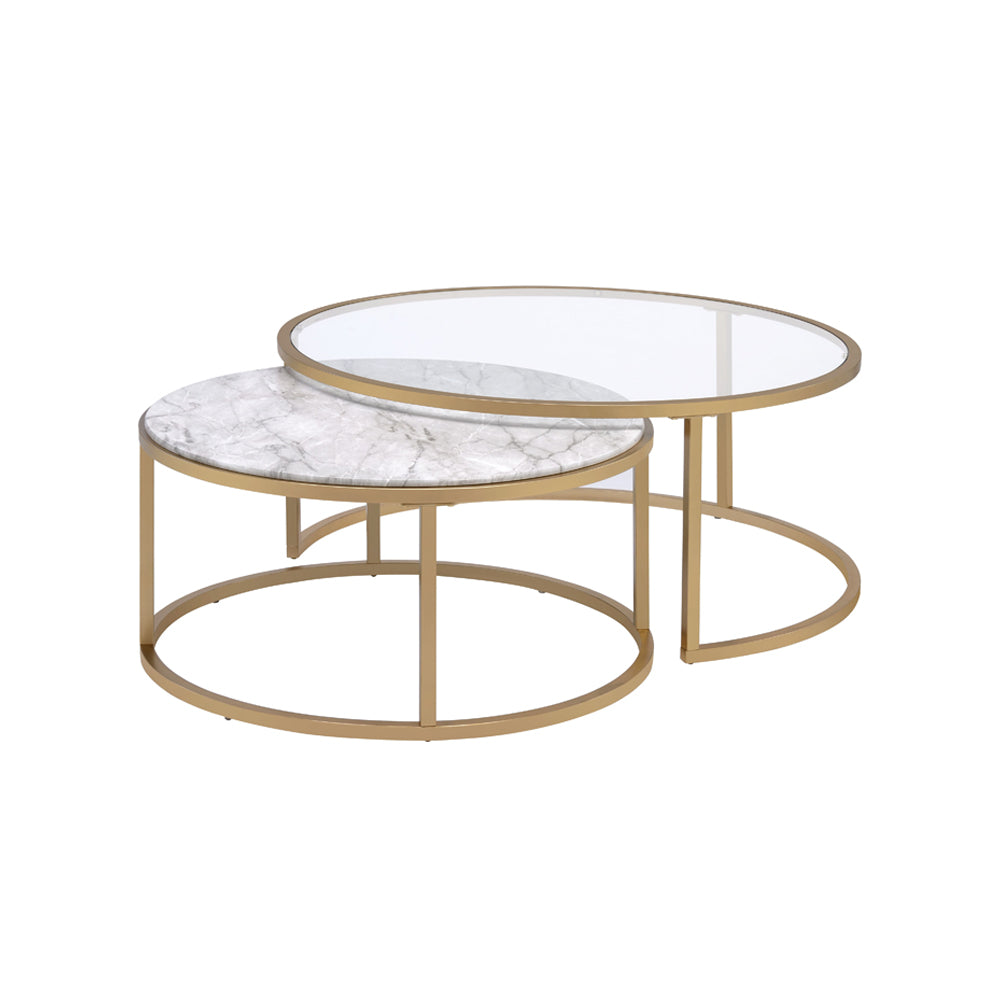 Shanish Nesting Table Set (2Pc) Faux Marble/Glass & Gold - Ornate Home