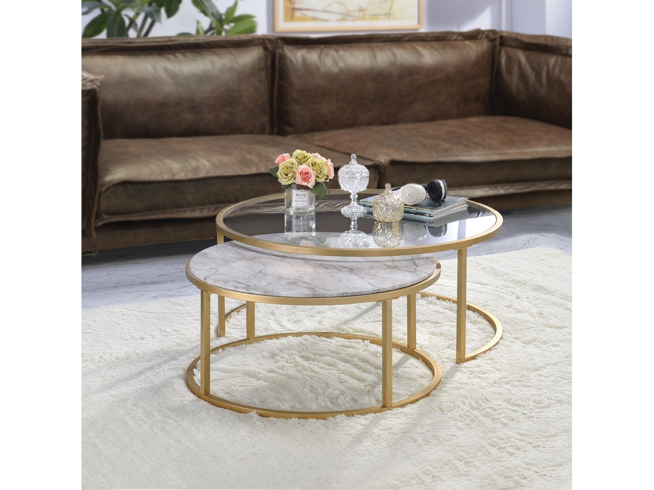 Shanish Nesting Table Set (2Pc) Faux Marble/Glass & Gold - Ornate Home