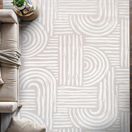 Shape Beige White Abstract Curved Soft Stain Resistant Non Shedding Area Rugs - Ornate Home