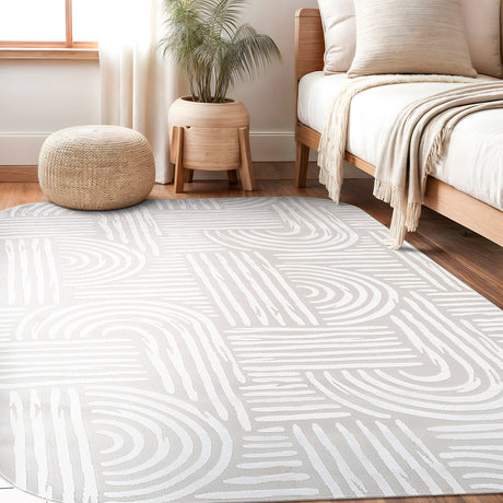 Shape Beige White Abstract Curved Soft Stain Resistant Non Shedding Area Rugs - Ornate Home