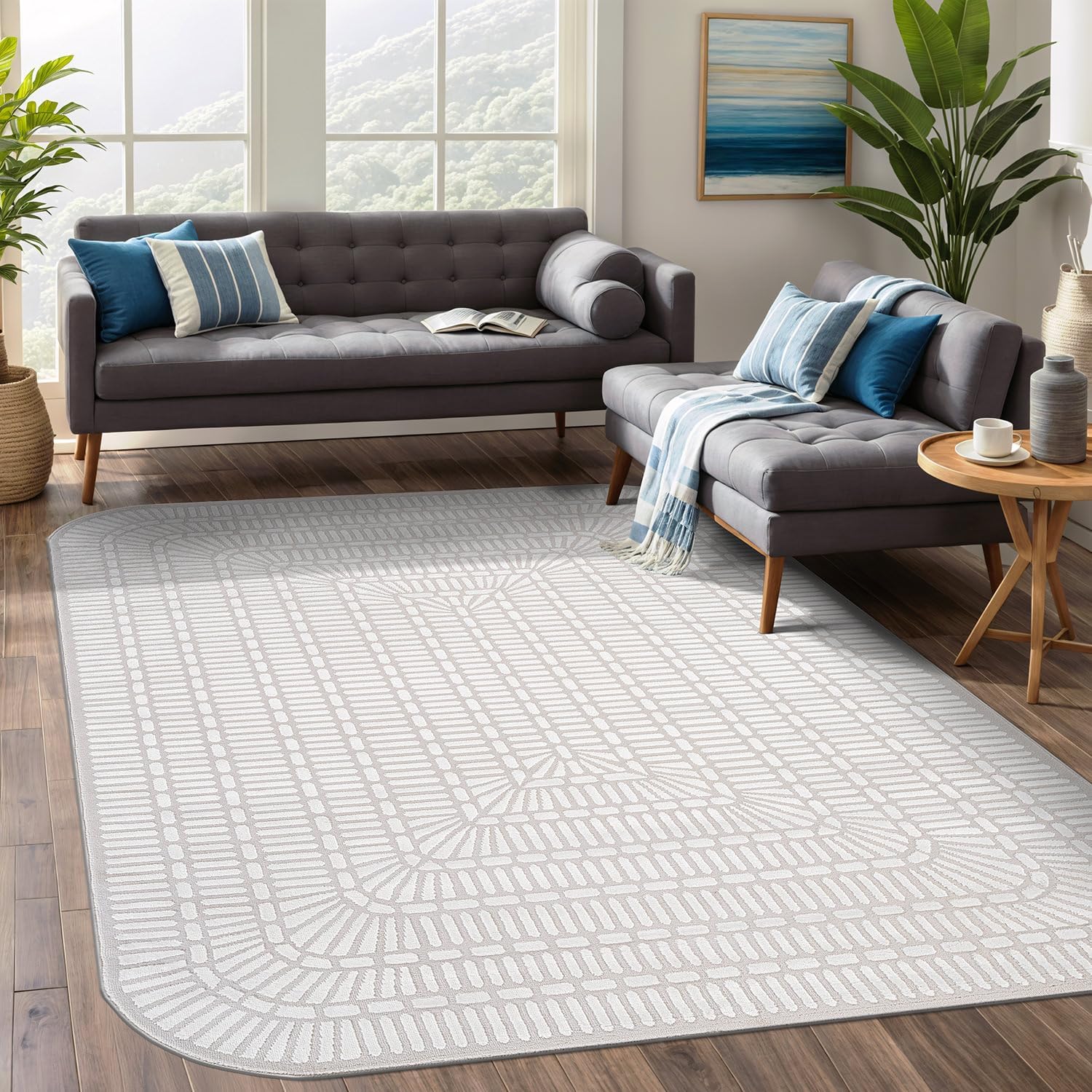 Shape Beige White Abstract Grid Soft Stain Resistant Non Shedding Area Rugs - Ornate Home