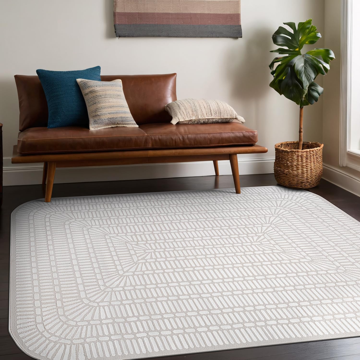 Shape Beige White Abstract Grid Soft Stain Resistant Non Shedding Area Rugs - Ornate Home