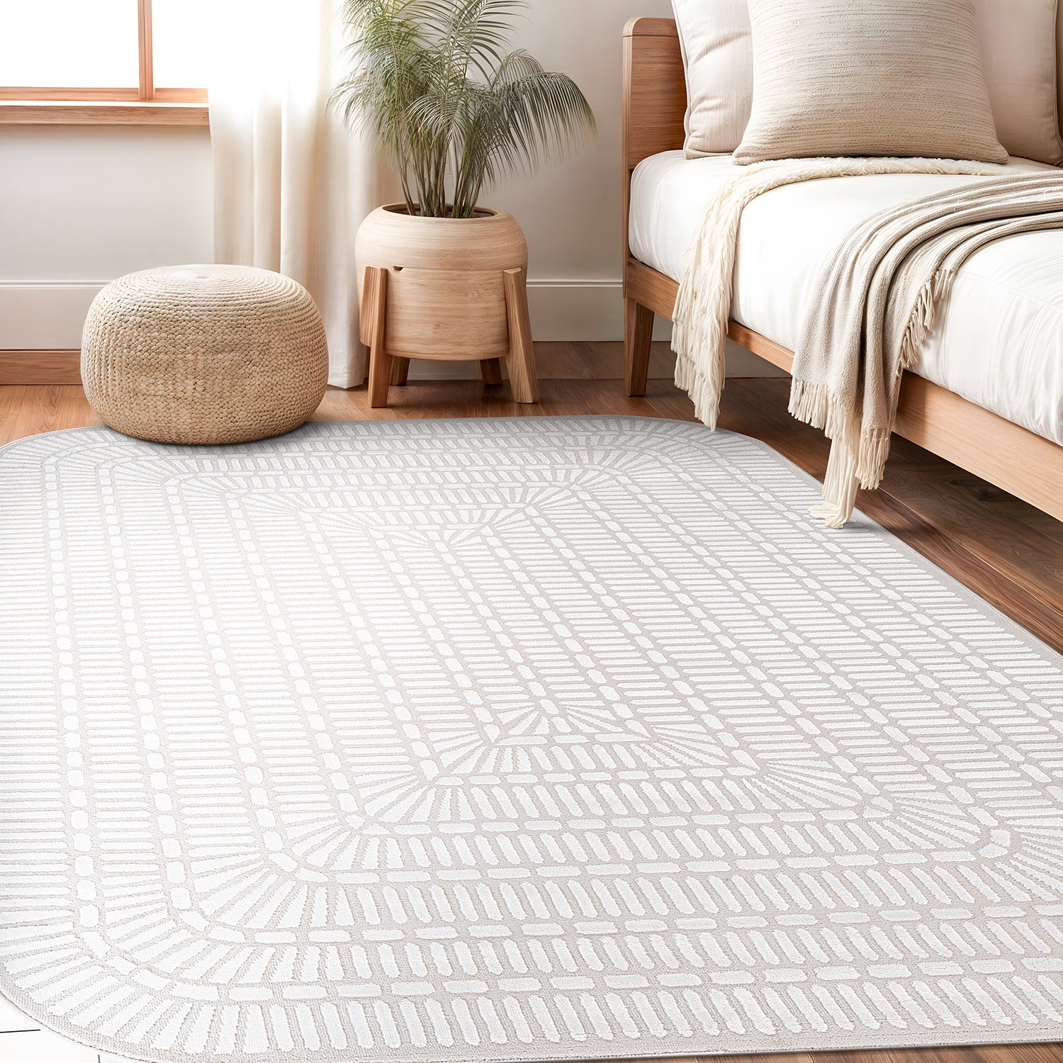 Shape Beige White Abstract Grid Soft Stain Resistant Non Shedding Area Rugs - Ornate Home