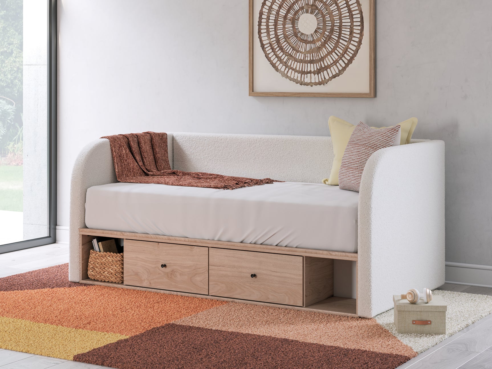 Shapella Tan/White Full Upholstered Day Bed with Storage - Ornate Home