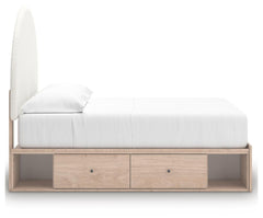 Shapella Tan/White Full Upholstered Panel Bed with 2 Under Bed Storage Units - Ornate Home