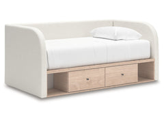 Shapella Tan/White Twin Upholstered Day Bed with Storage - Ornate Home