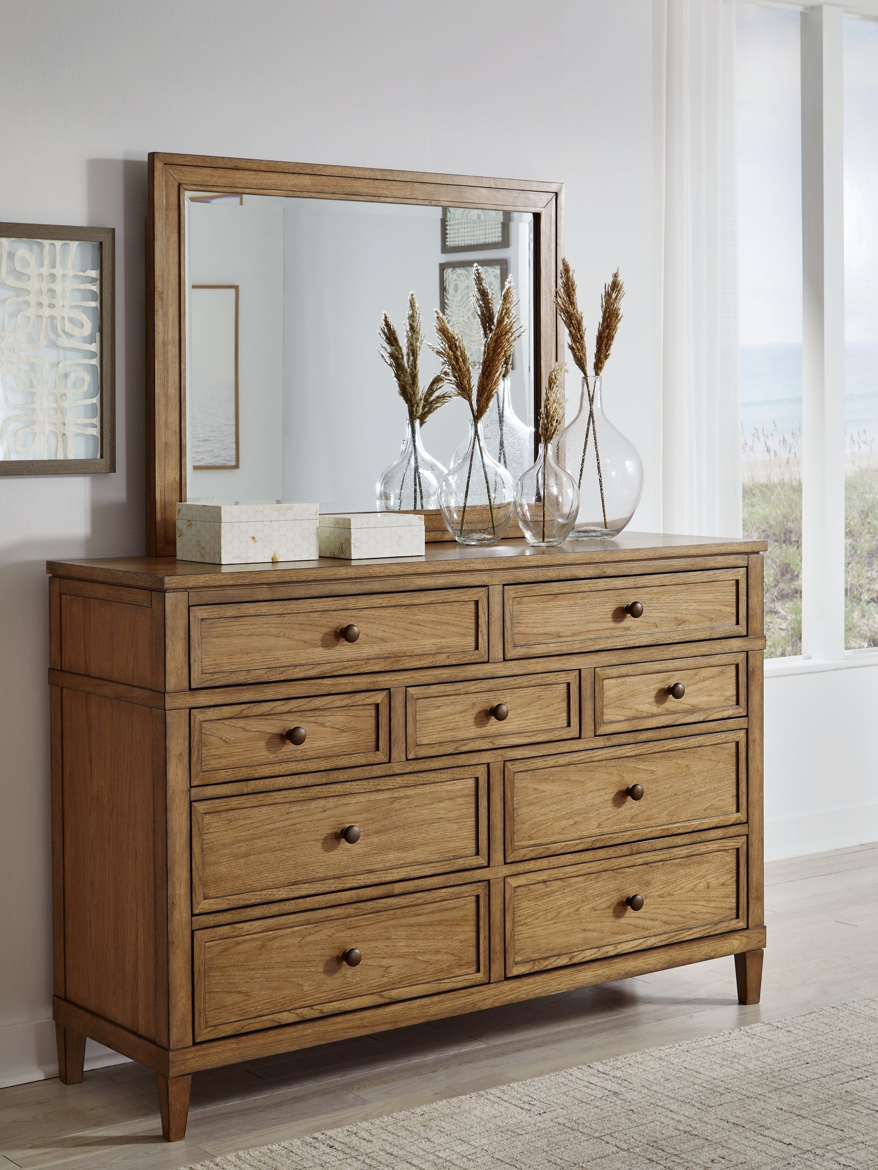Sharlance Green/Brown Queen Upholstered Panel Bed, Dresser and Mirror (Online Special Price) - Ornate Home