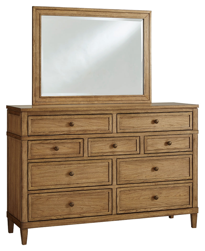 Sharlance Green/Brown Queen Upholstered Panel Bed, Dresser and Mirror - Ornate Home