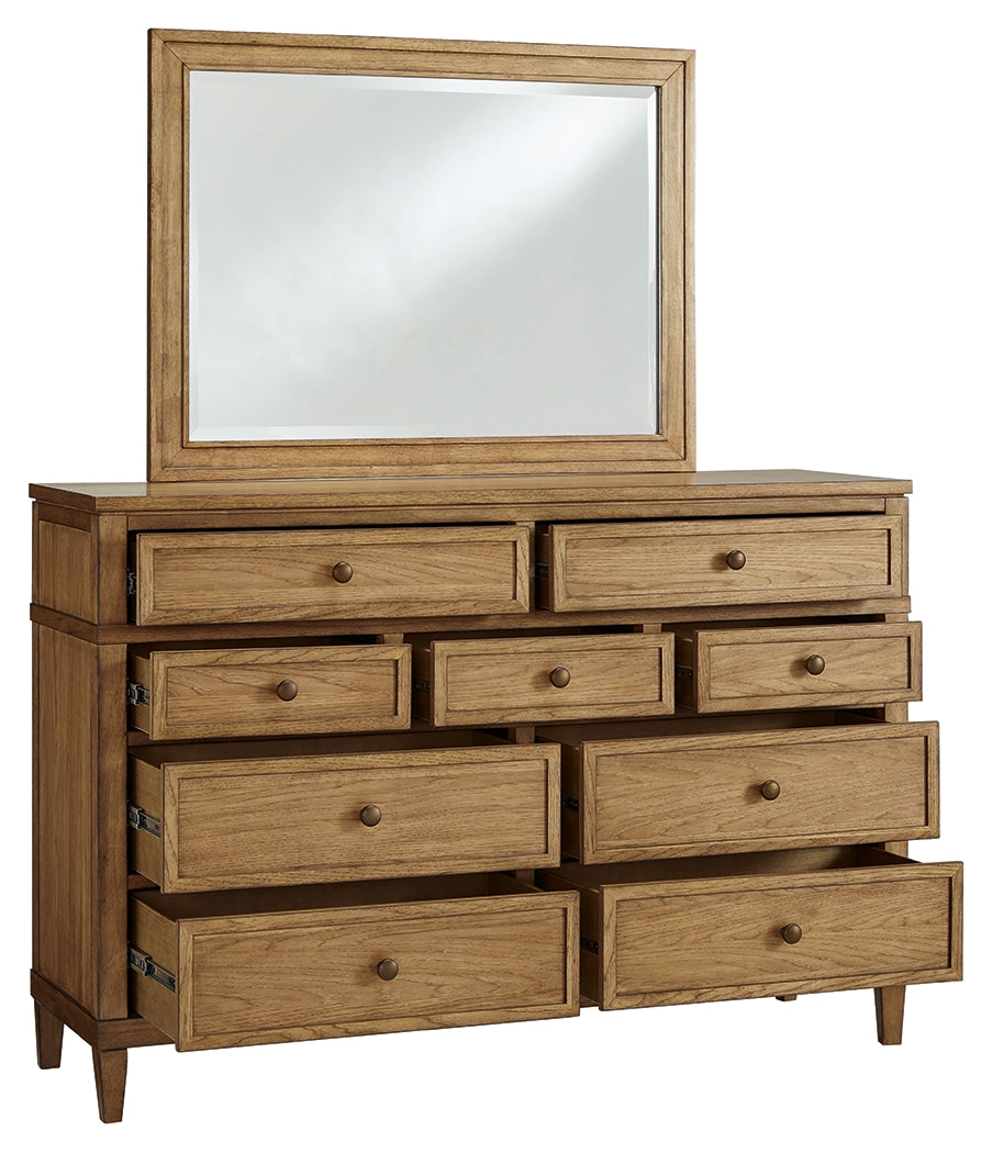 Sharlance Green/Brown Queen Upholstered Panel Bed, Dresser and Mirror - Ornate Home