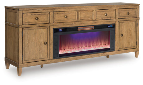 Sharlance Light Brown 81" TV Stand with Electric Fireplace (Crystal flame bed) - Ornate Home