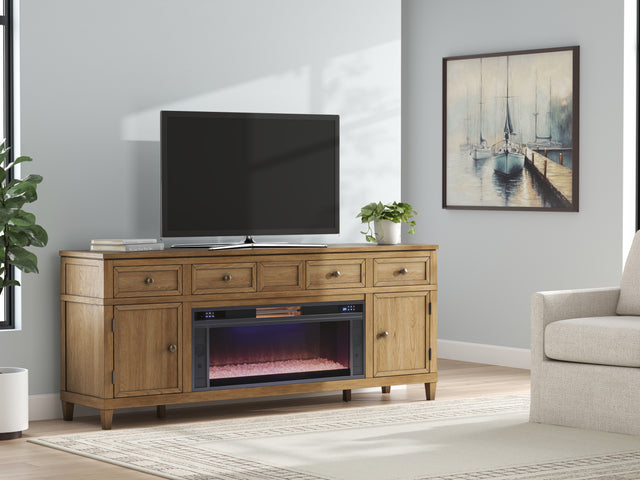 Sharlance Light Brown 81" TV Stand with Electric Fireplace (Crystal flame bed) - Ornate Home
