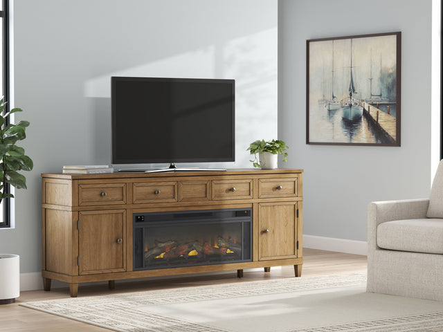 Sharlance Light Brown 81" TV Stand with Electric Fireplace (Realistic looking log set) (Online Special Price) - Ornate Home