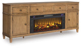 Sharlance Light Brown 81" TV Stand with Electric Fireplace (Realistic looking log set) - Ornate Home