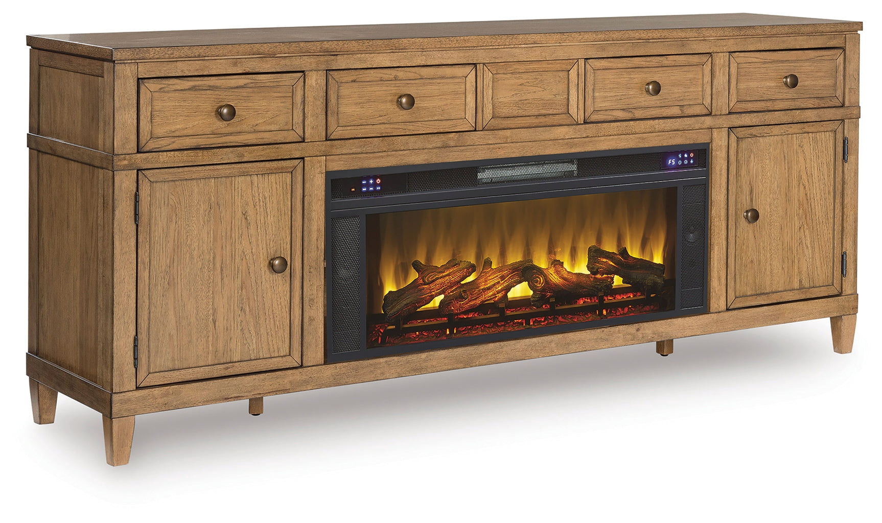 Sharlance Light Brown 81" TV Stand with Electric Fireplace (Realistic looking log set) - Ornate Home