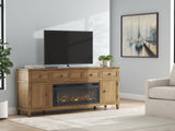 Sharlance Light Brown 81" TV Stand with Electric Fireplace (Realistic looking log set) - Ornate Home