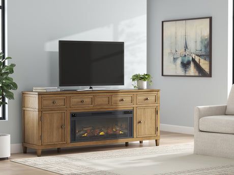 Sharlance Light Brown 81" TV Stand with Electric Fireplace (Realistic looking log set) - Ornate Home