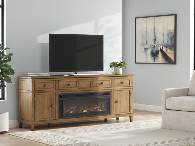 Sharlance Light Brown 81" TV Stand with Electric Fireplace (Realistic looking log set) - Ornate Home