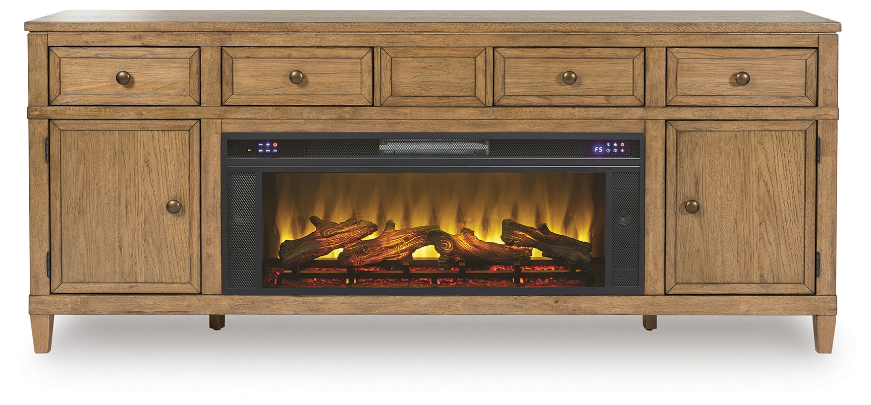 Sharlance Light Brown 81" TV Stand with Electric Fireplace (Realistic looking log set) - Ornate Home