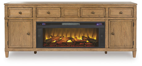 Sharlance Light Brown 81" TV Stand with Electric Fireplace (Realistic looking log set) - Ornate Home
