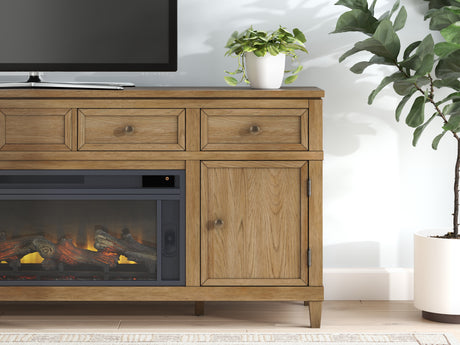 Sharlance Light Brown 81" TV Stand with Electric Fireplace (Realistic looking log set) - Ornate Home