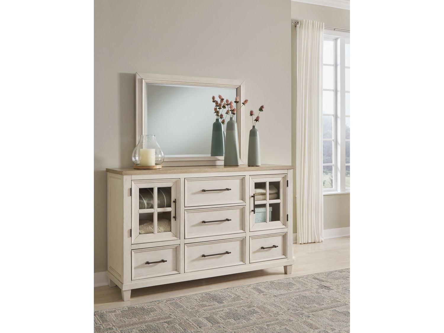 Ashley Furniture Shaybrock Antique White/Brown Dresser and Mirror (Online Special Price)