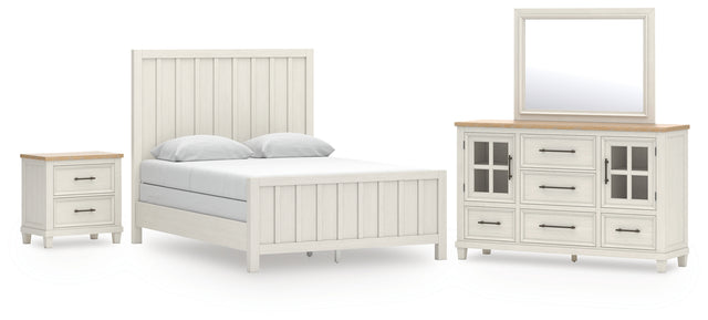 Shaybrock Antique White/Brown Queen Panel Bed, Dresser, Mirror and Nightstand (Online Special Price) - Ornate Home