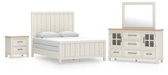 Shaybrock Antique White/Brown Queen Panel Bed, Dresser, Mirror and Nightstand - Ornate Home