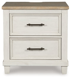 Shaybrock Antique White/Brown Queen Panel Bed, Dresser, Mirror and Nightstand - Ornate Home