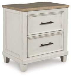 Shaybrock Antique White/Brown Queen Panel Bed, Dresser, Mirror and Nightstand - Ornate Home