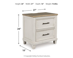 Shaybrock Antique White/Brown Queen Panel Bed, Dresser, Mirror and Nightstand - Ornate Home