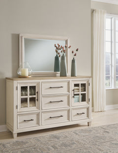 Shaybrock Antique White/Brown Queen Panel Bed, Dresser, Mirror and Nightstand - Ornate Home