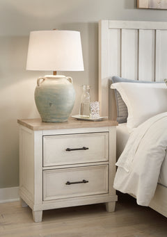 Shaybrock Antique White/Brown Queen Panel Bed, Dresser, Mirror and Nightstand - Ornate Home