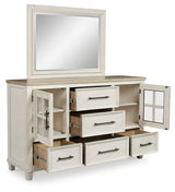 Shaybrock Antique White/Brown Queen Panel Bed, Dresser and Mirror (Online Special Price) - Ornate Home