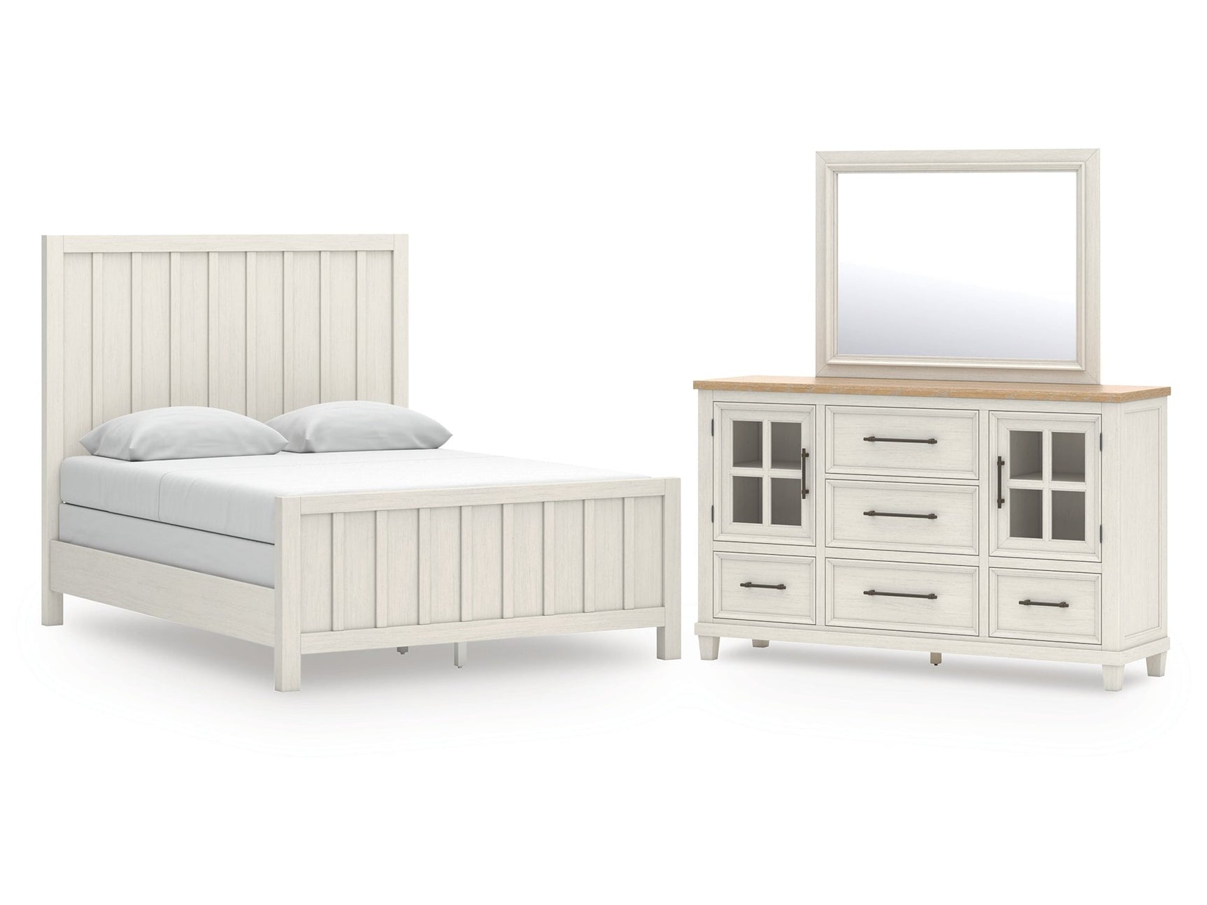 Shaybrock Antique White/Brown Queen Panel Bed, Dresser and Mirror - Ornate Home