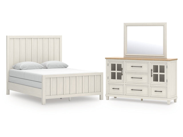 Shaybrock Antique White/Brown Queen Panel Bed, Dresser and Mirror - Ornate Home