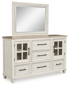 Shaybrock Antique White/Brown Queen Panel Bed, Dresser and Mirror - Ornate Home