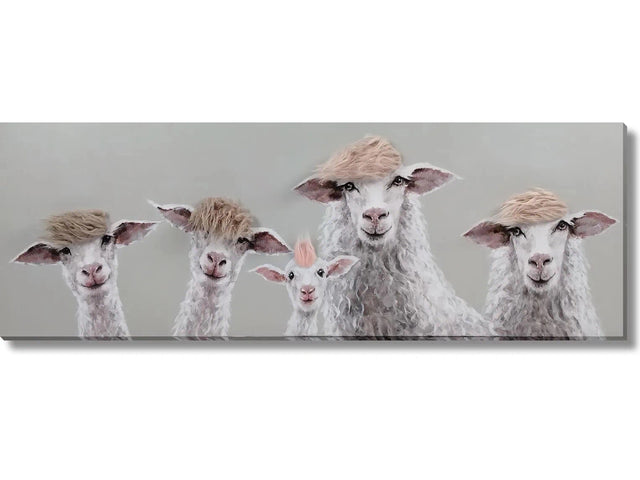 Sheep Salon: Eccentric Flock Hand-painted Canvas w/Hair Wall Art - Ornate Home