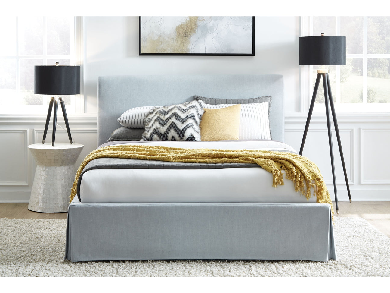 Shelby California King Skirted Footboard Storage Panel Bed in Sky - Ornate Home