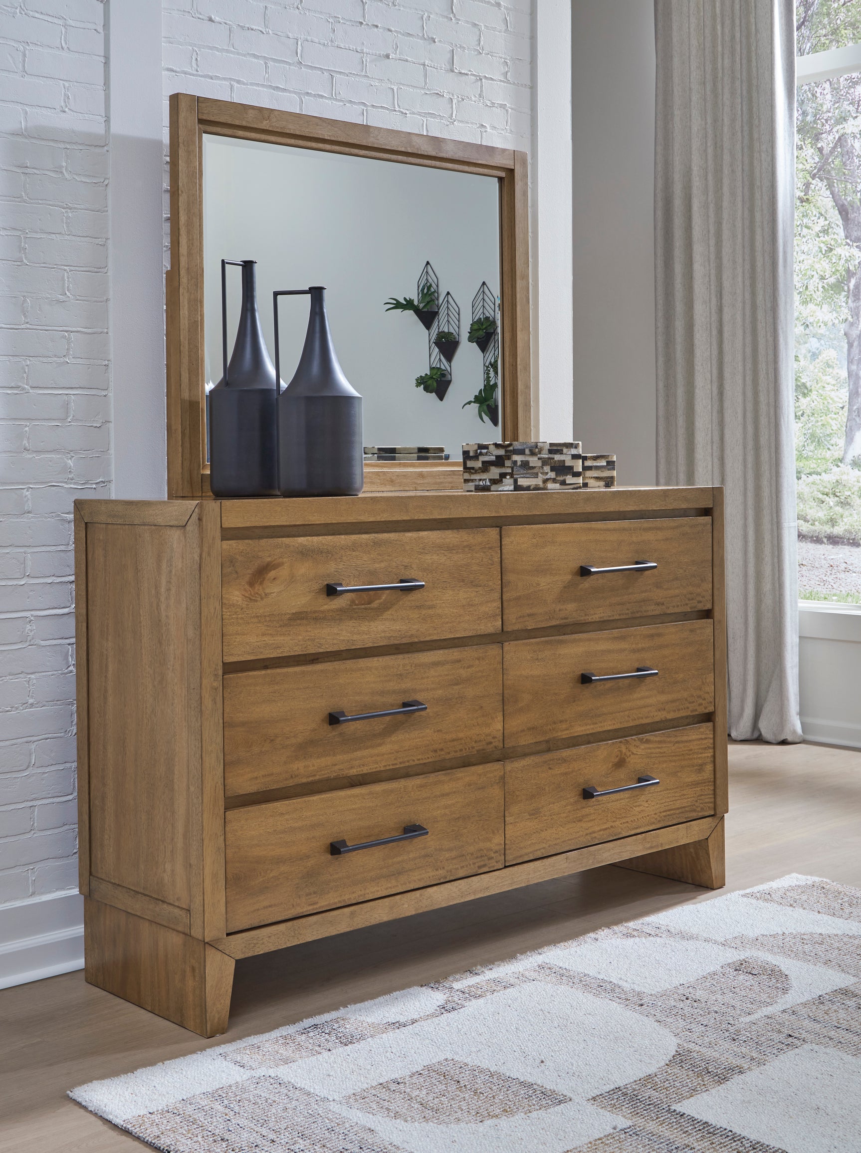 Sherbana Light Brown Queen Panel Bed with Mirrored Dresser and Nightstand - Ornate Home