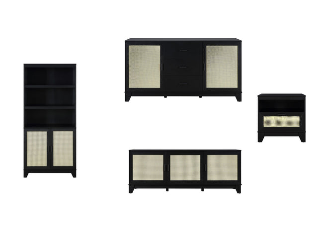 Sheridan 4-Piece Set: Bookcase, TV Stand, Sideboard, End Table in Black - Ornate Home
