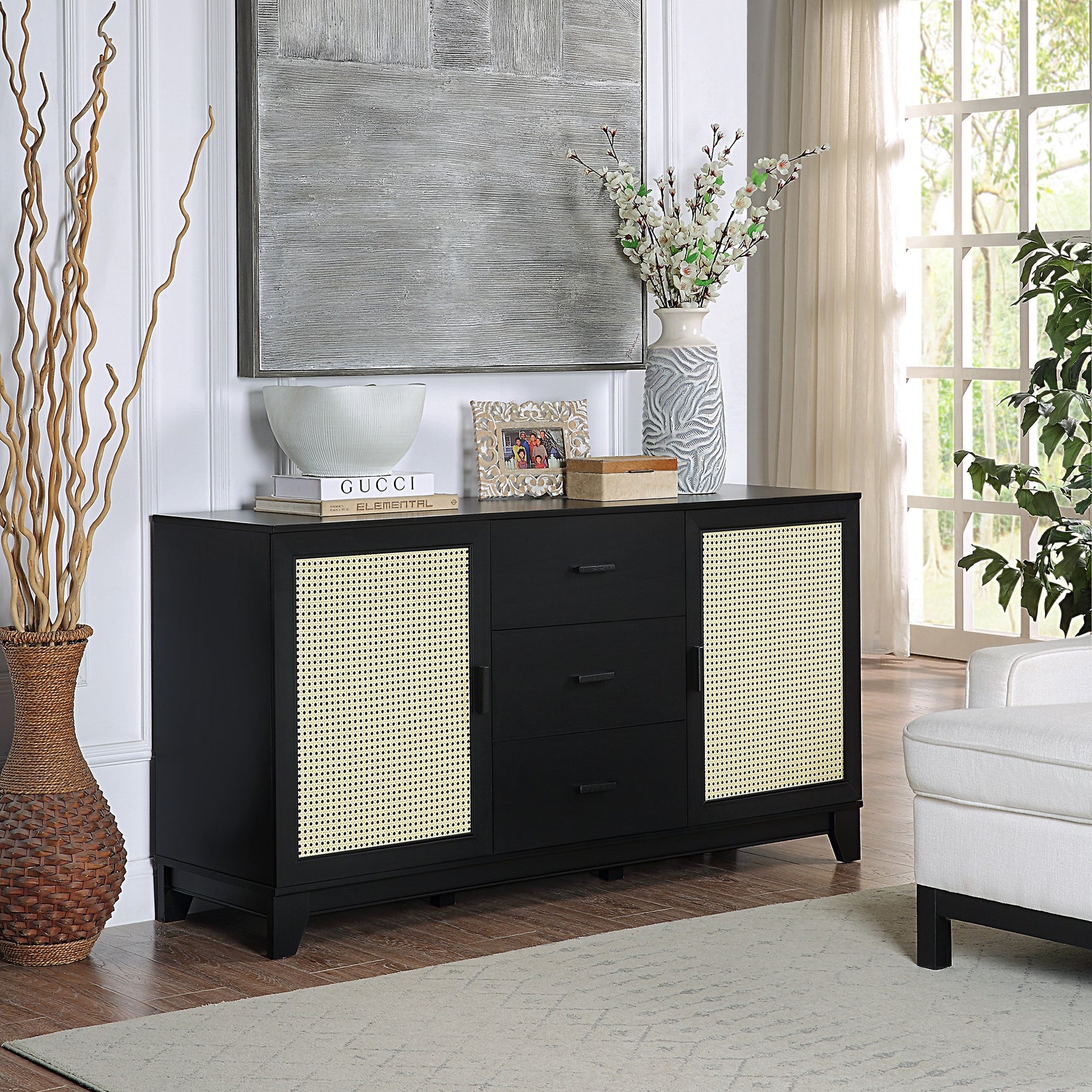 Sheridan 4-Piece Set: Bookcase, TV Stand, Sideboard, End Table in Black - Ornate Home