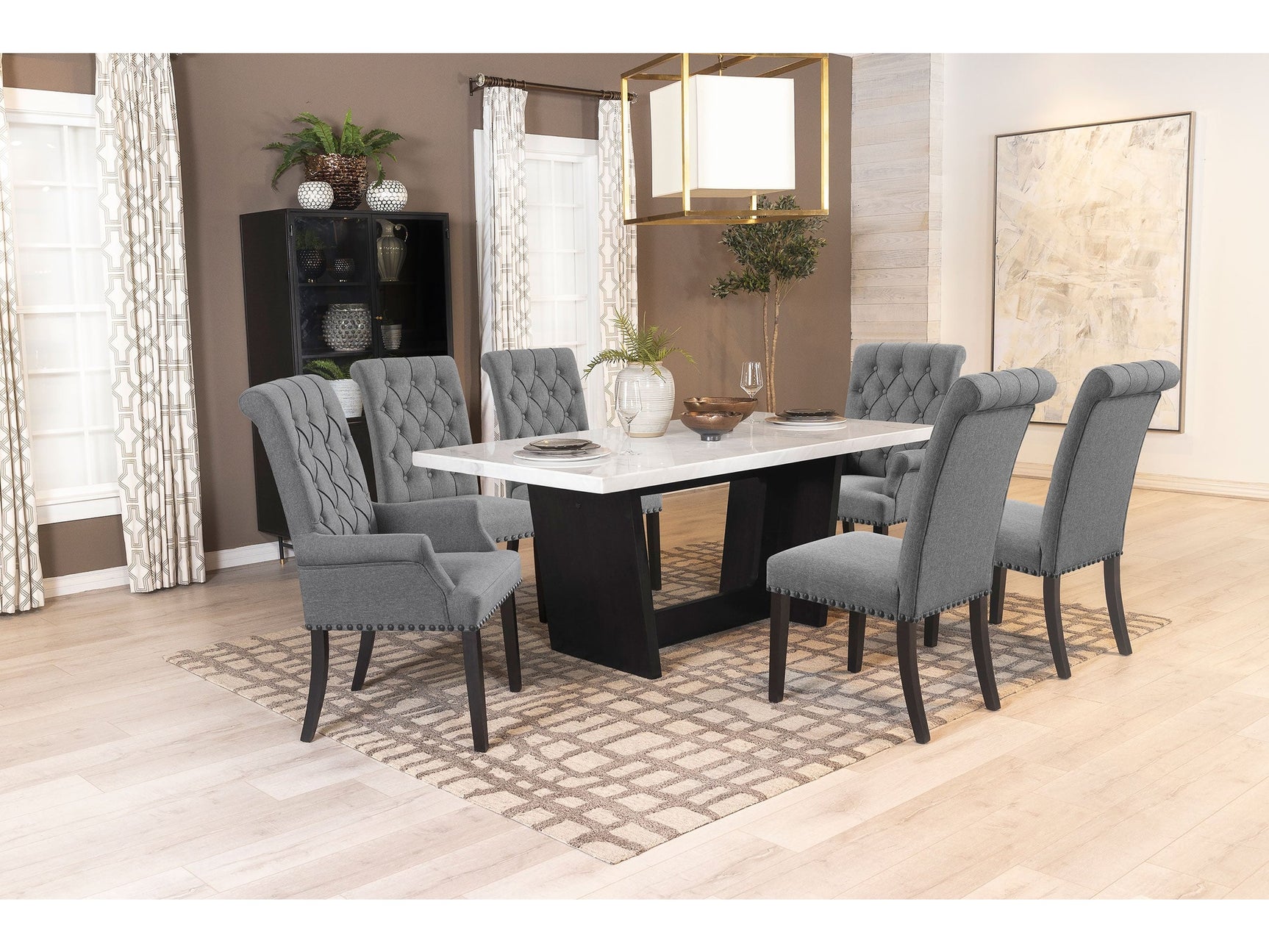 Sherry Grey 7-piece Rectangular Marble Top Dining Table Set - Ornate Home