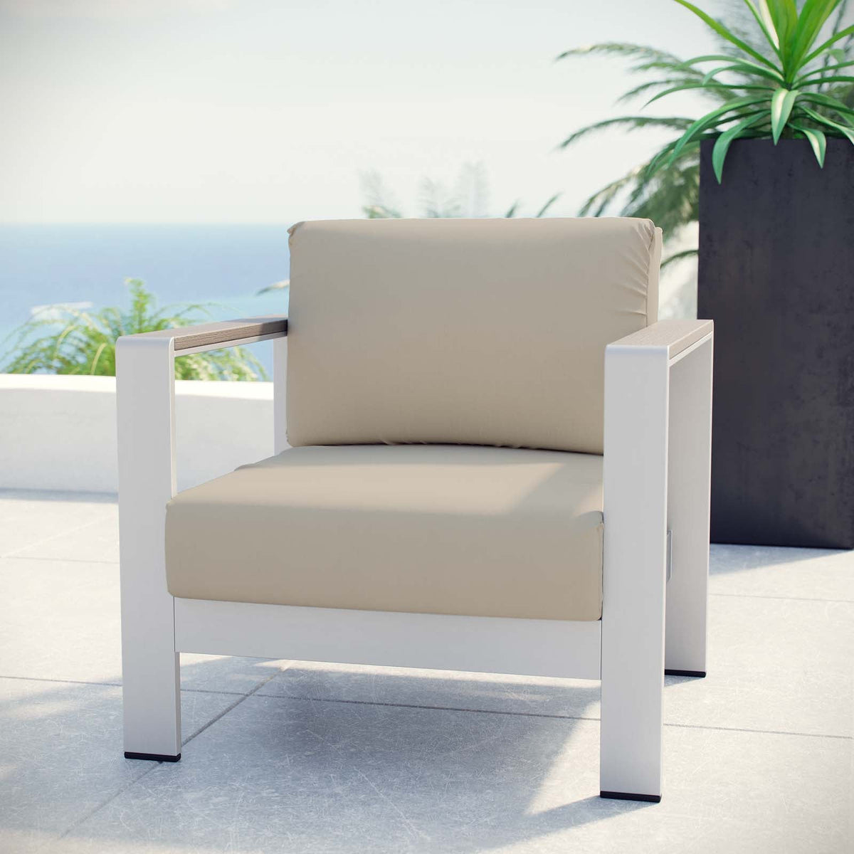 Shore Silver/Beige Outdoor Patio Aluminum Armchair - Ornate Home