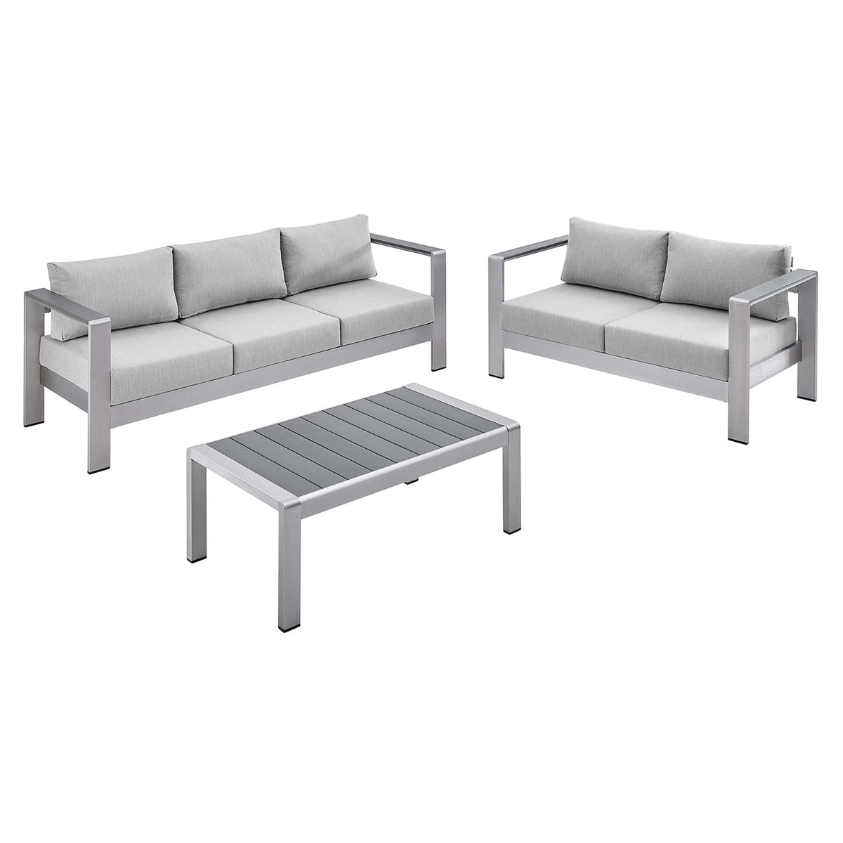 Shore Silver/Gray 3 Piece Sunbrella Fabric Outdoor Patio Aluminum Set - Ornate Home