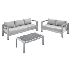 Shore Silver/Gray 3 Piece Sunbrella Fabric Outdoor Patio Aluminum Set - Ornate Home