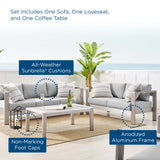 Shore Silver/Gray 3 Piece Sunbrella Fabric Outdoor Patio Aluminum Set - Ornate Home